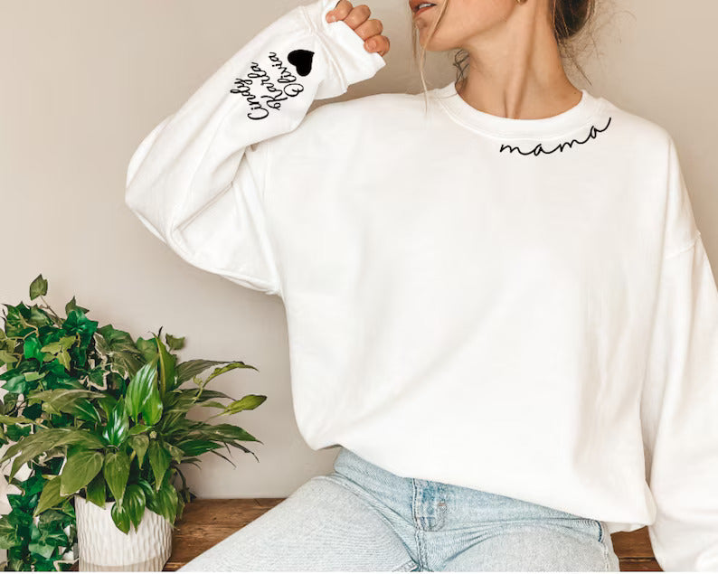 Custom Mama Sweatshirt with Kid Name on Sleeve Sweatshirt & Hoodie